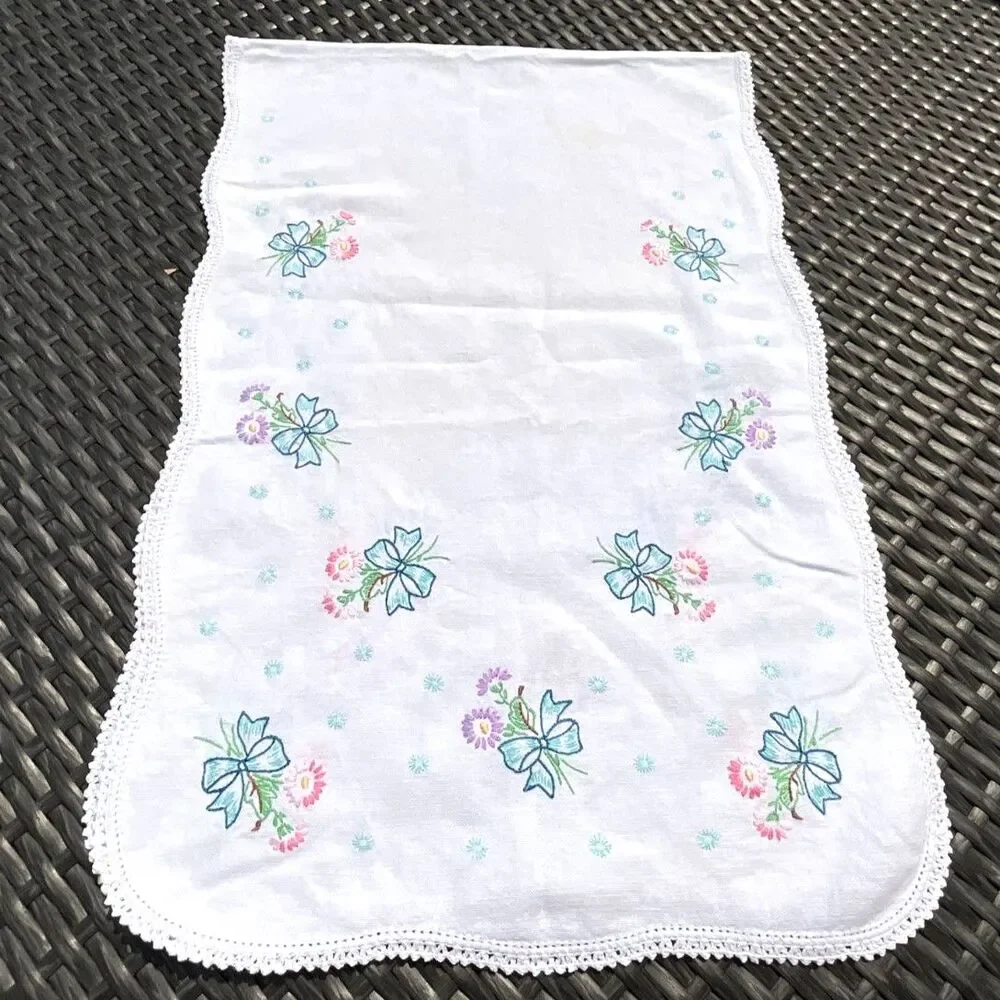 Vintage Hand Embroidered Dresser Scarf Blue Bows Floral Crochet Edge Cottagecore